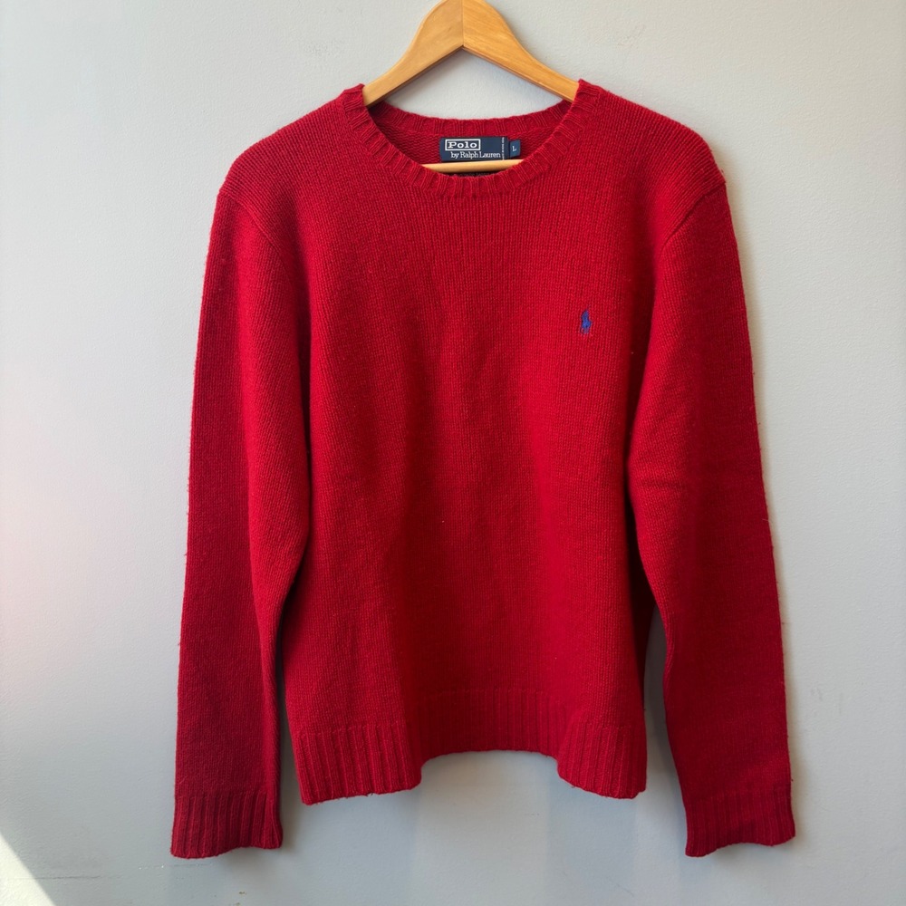 Vintage Polo Ralph Lauren Red Wool Angora Blend Crewneck Sweater Large Blue Pony